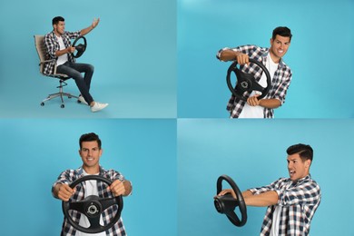 Emotional man with steering wheel on light blue background, collage