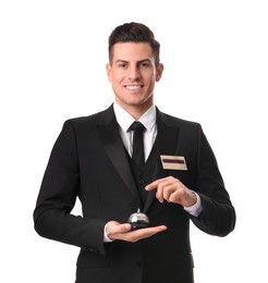 Photo of Happy receptionist in uniform holding service bell on white background