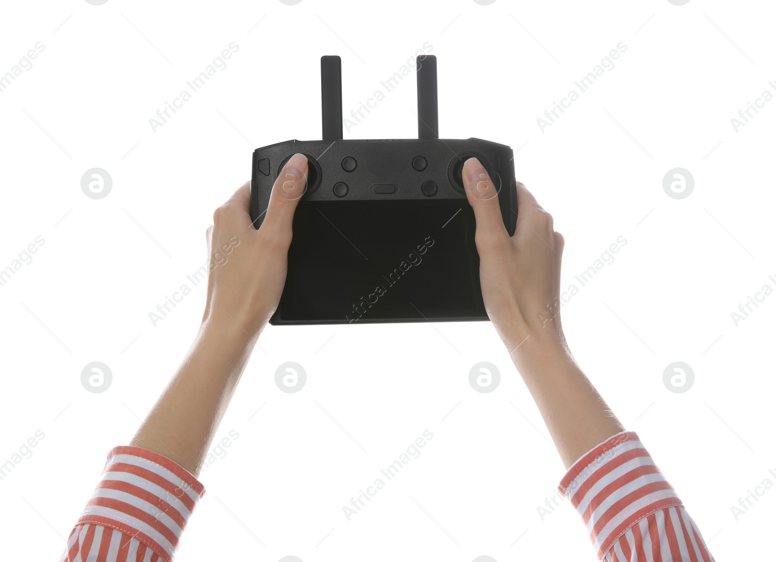 Photo of Woman holding modern drone controller on white background, closeup of hands