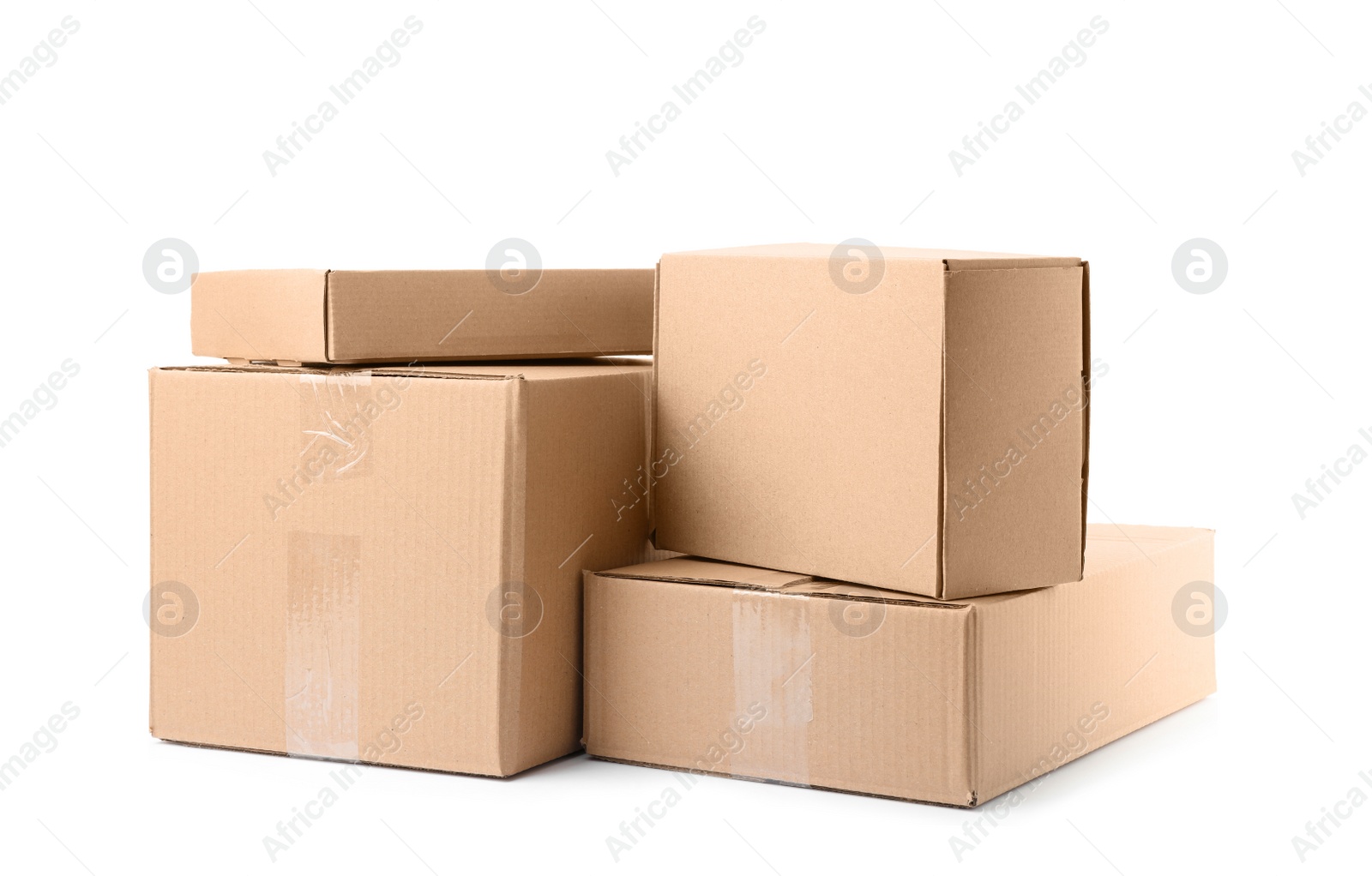 Photo of Pile of cardboard boxes on white background