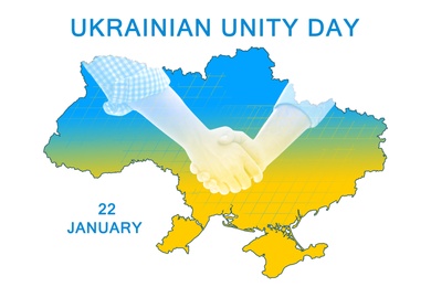 Image of Ukrainian Unity Day poster design. People shaking hands and map on white background, double exposure