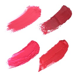 Image of Smears of different beautiful lipsticks on white background, top view