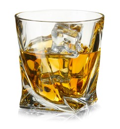 Photo of Whiskey and ice cubes in glass isolated on white