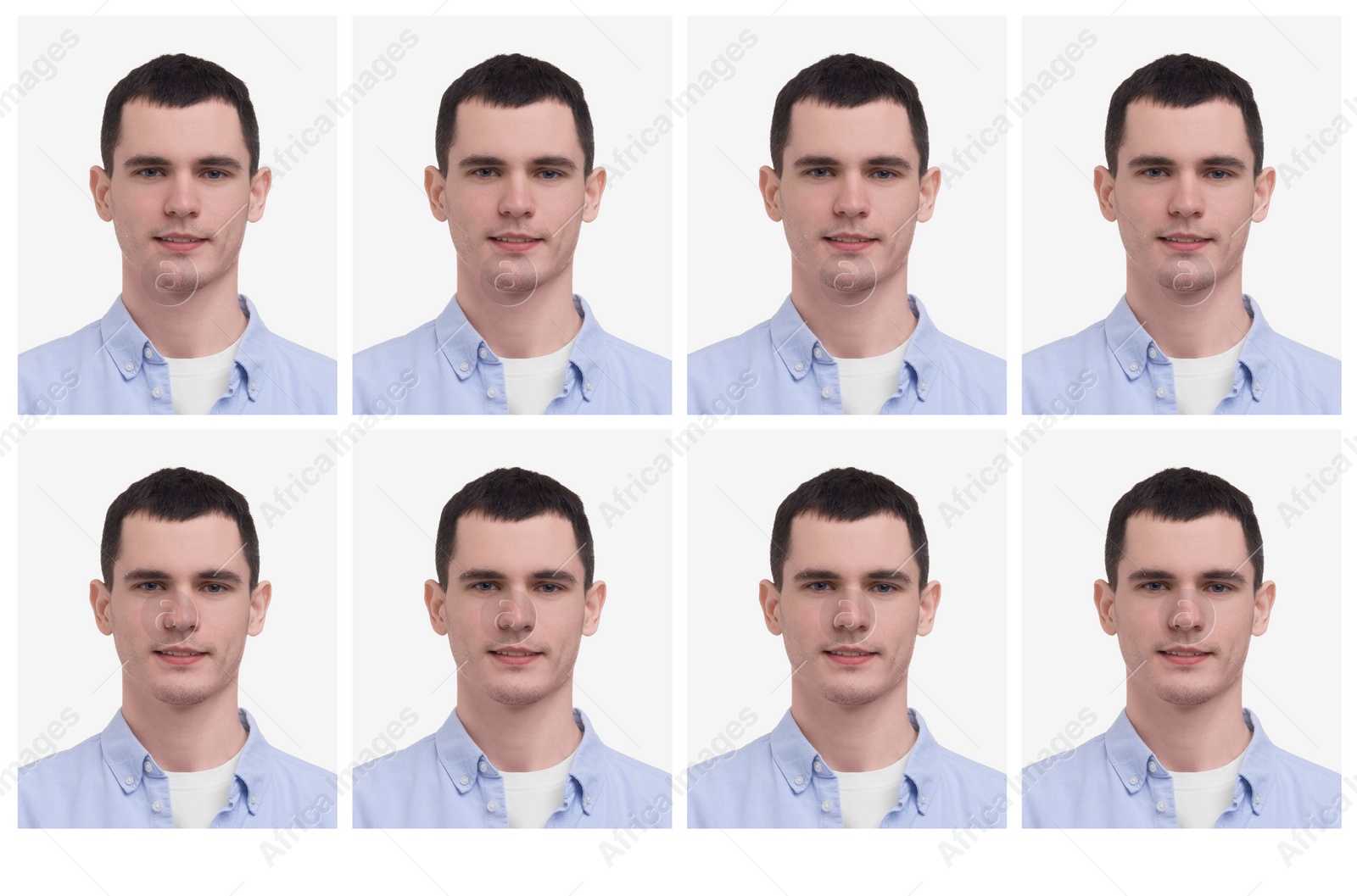 Image of Passport photo, collage. Man on white background, set of photos