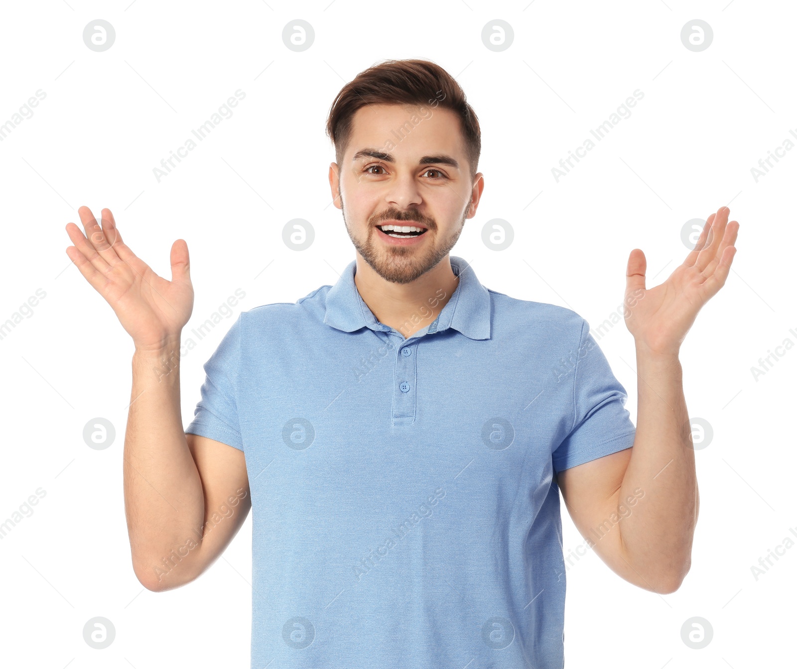 Photo of Portrait of happy handsome man on white background