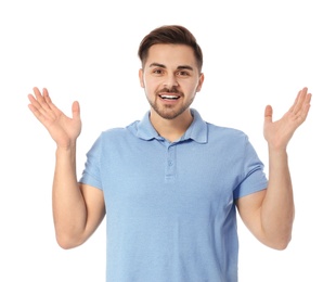 Photo of Portrait of happy handsome man on white background