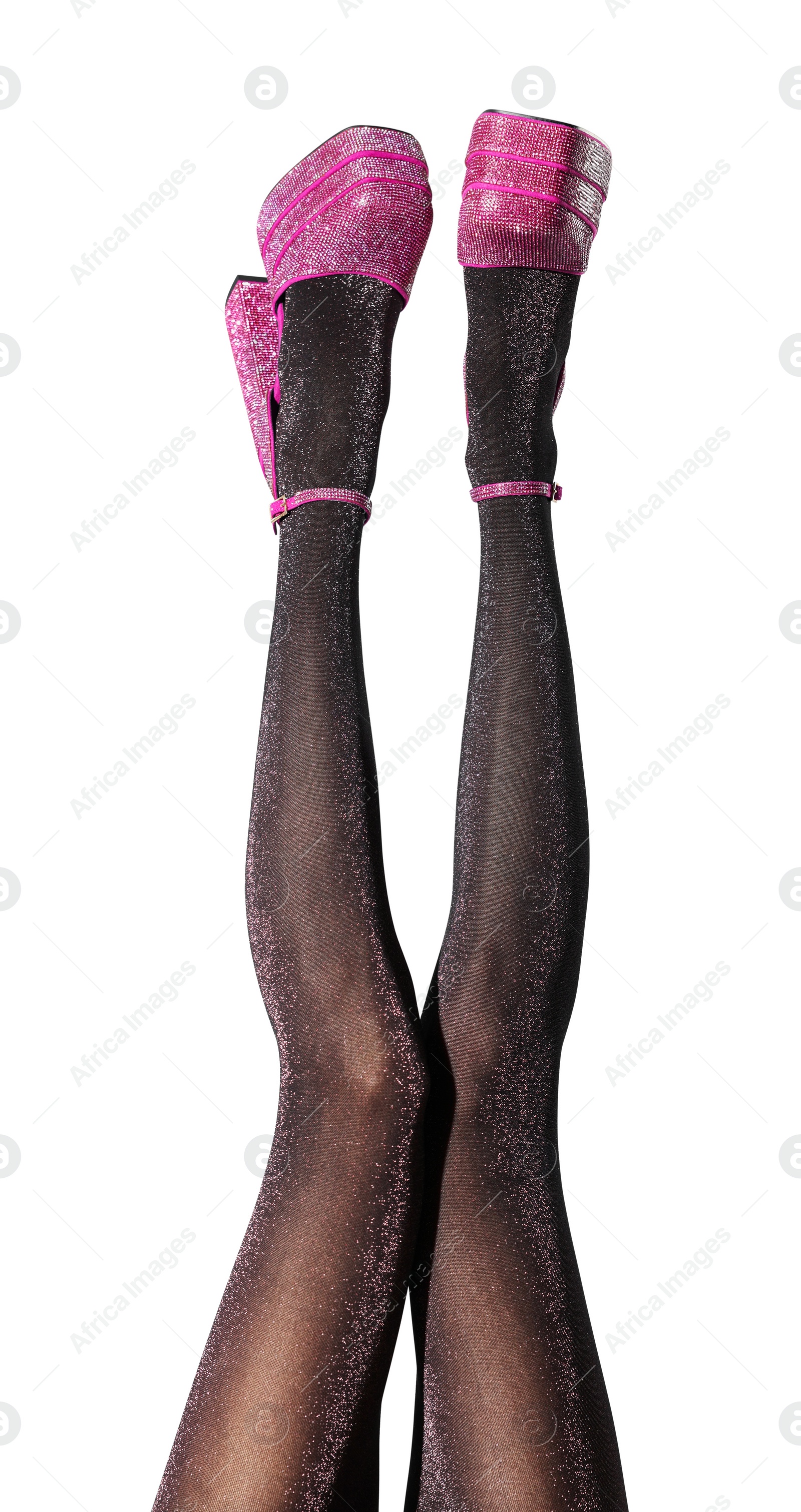 Photo of Woman wearing pink high heeled shoes with platform and square toes on light grey background, closeup