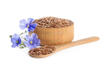 Photo of Flax flowers and seeds on white background