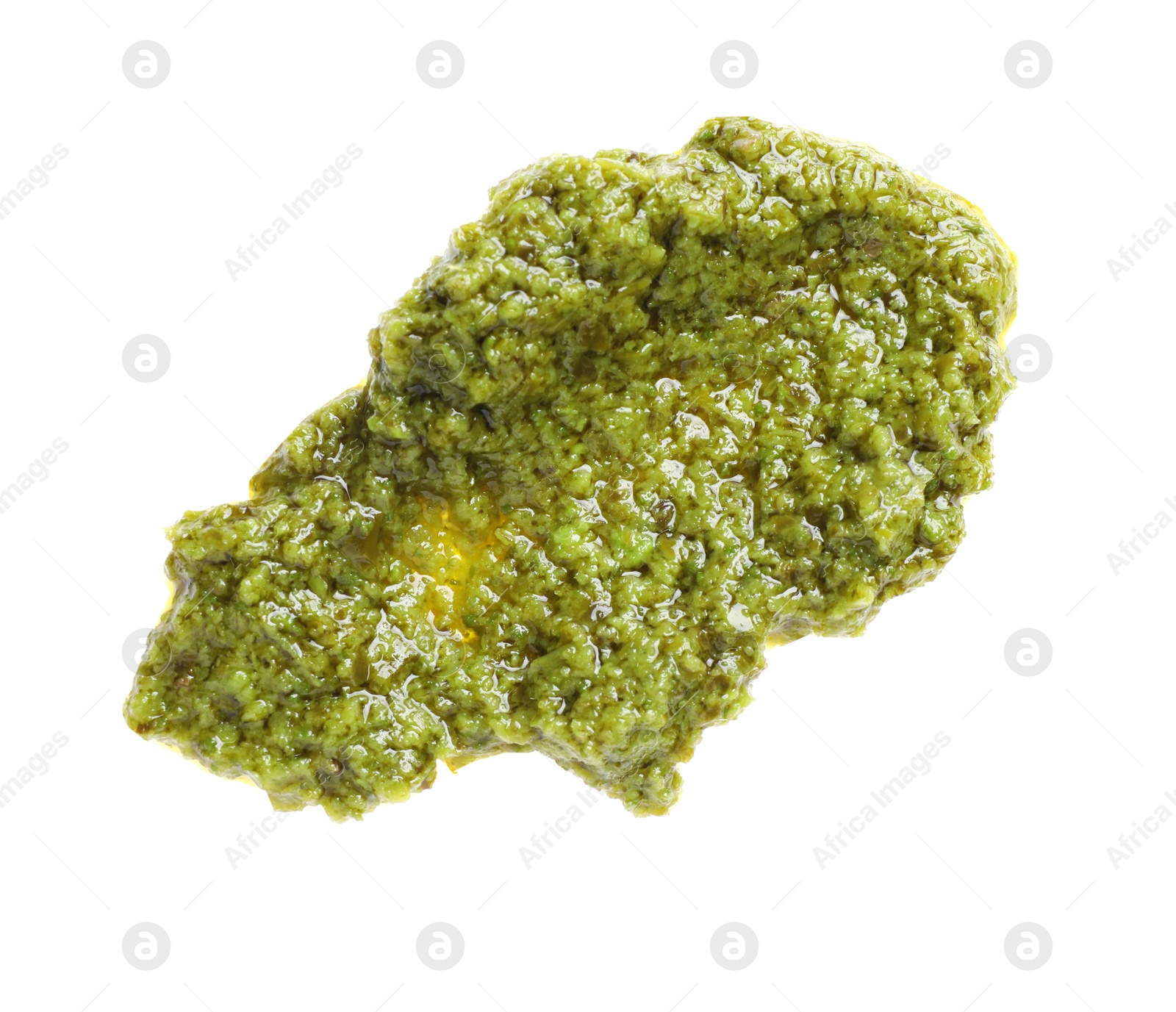 Photo of Sample of tasty pesto sauce isolated on white, top view