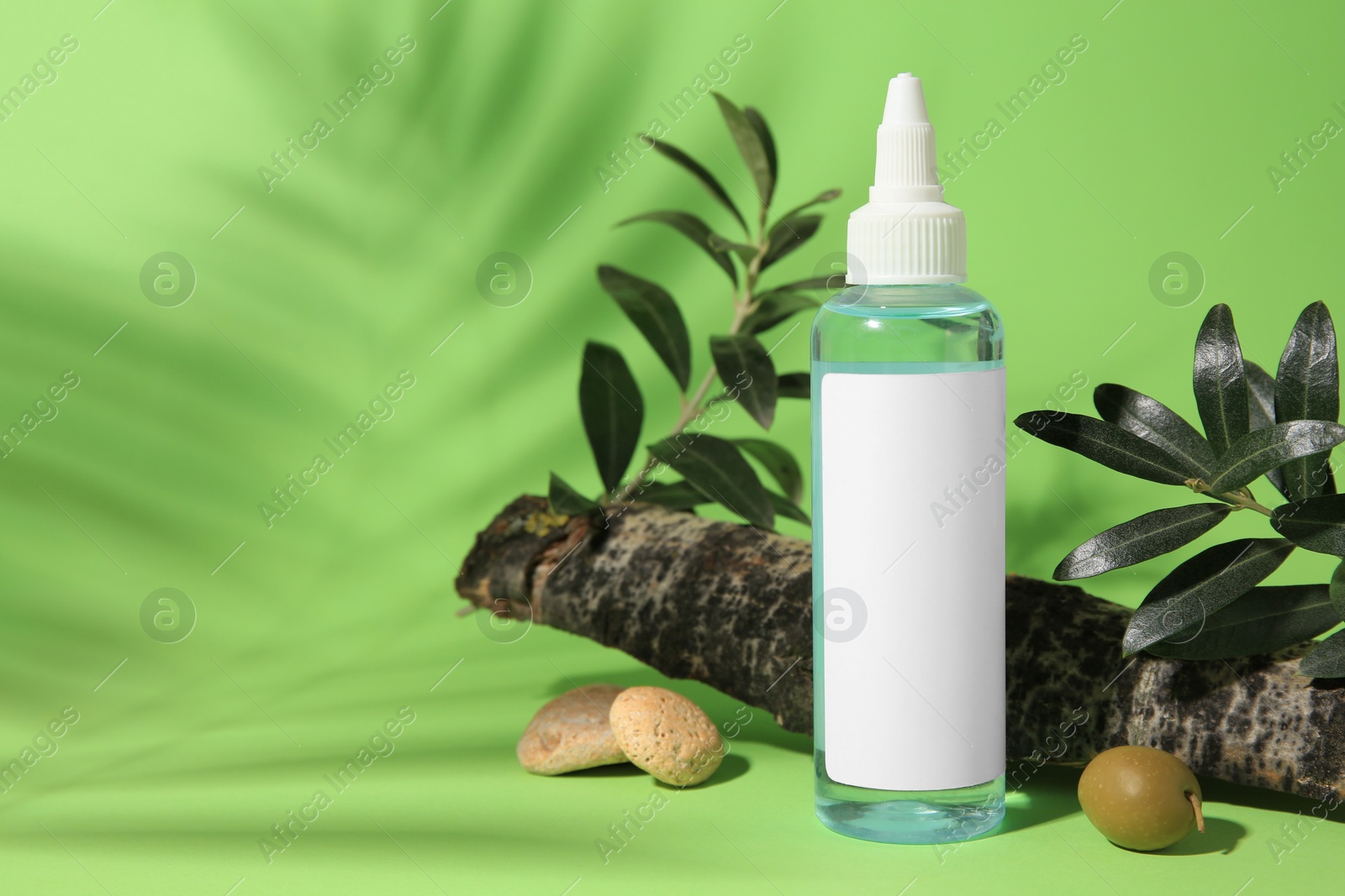 Photo of Bottle of cosmetic product, olives and leaves on light green background