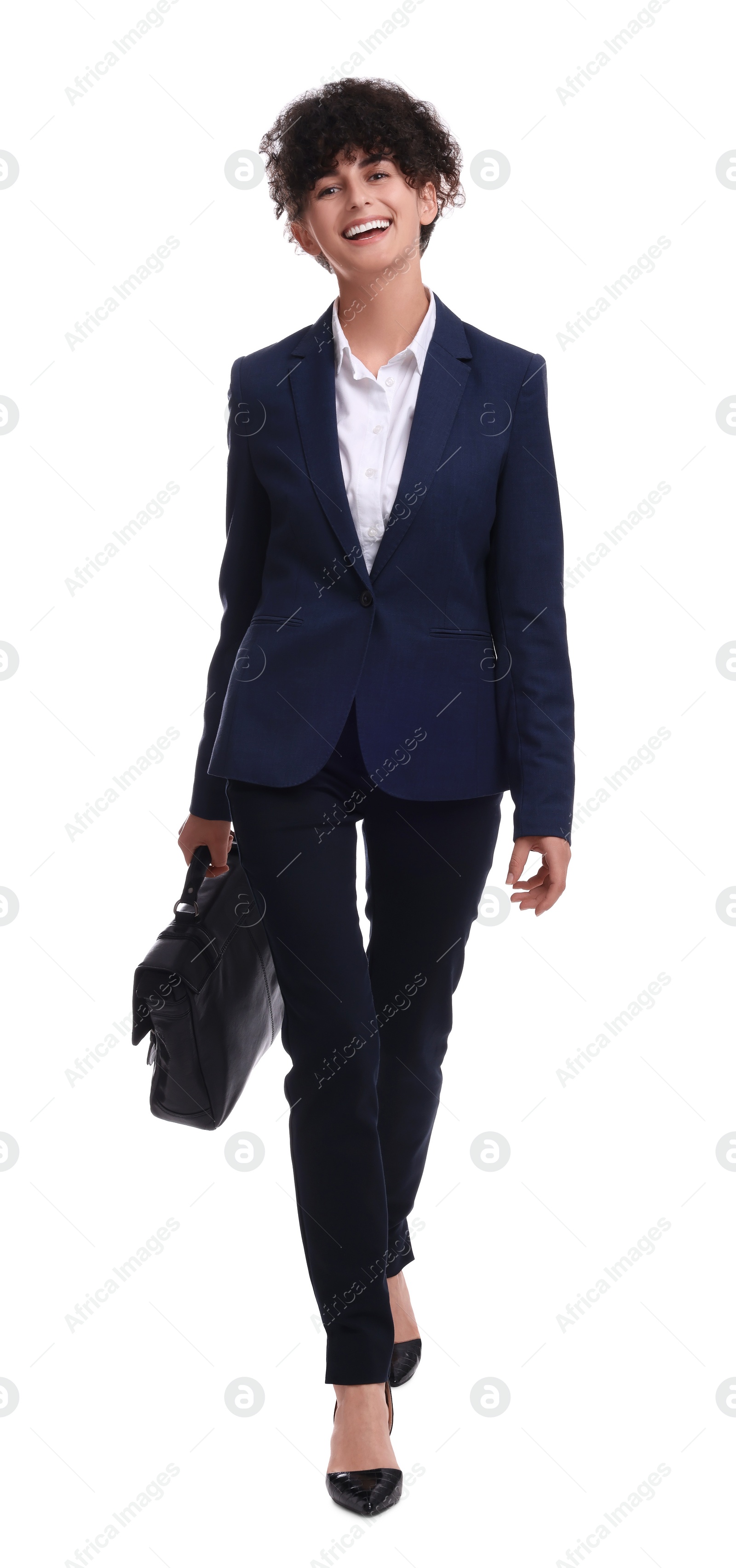 Photo of Beautiful businesswoman in suit with briefcase walking on white background