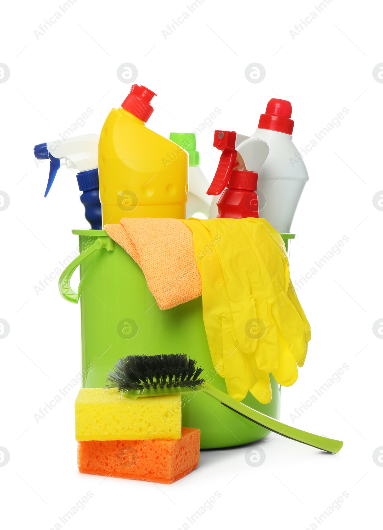 Photo of Bucket with different cleaning products and tools on white background