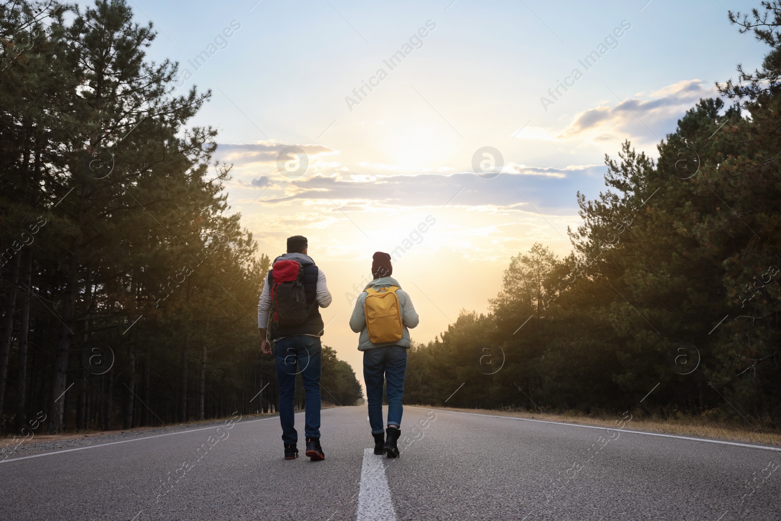 Photo of Couple with backpacks going along road near forest, back view
