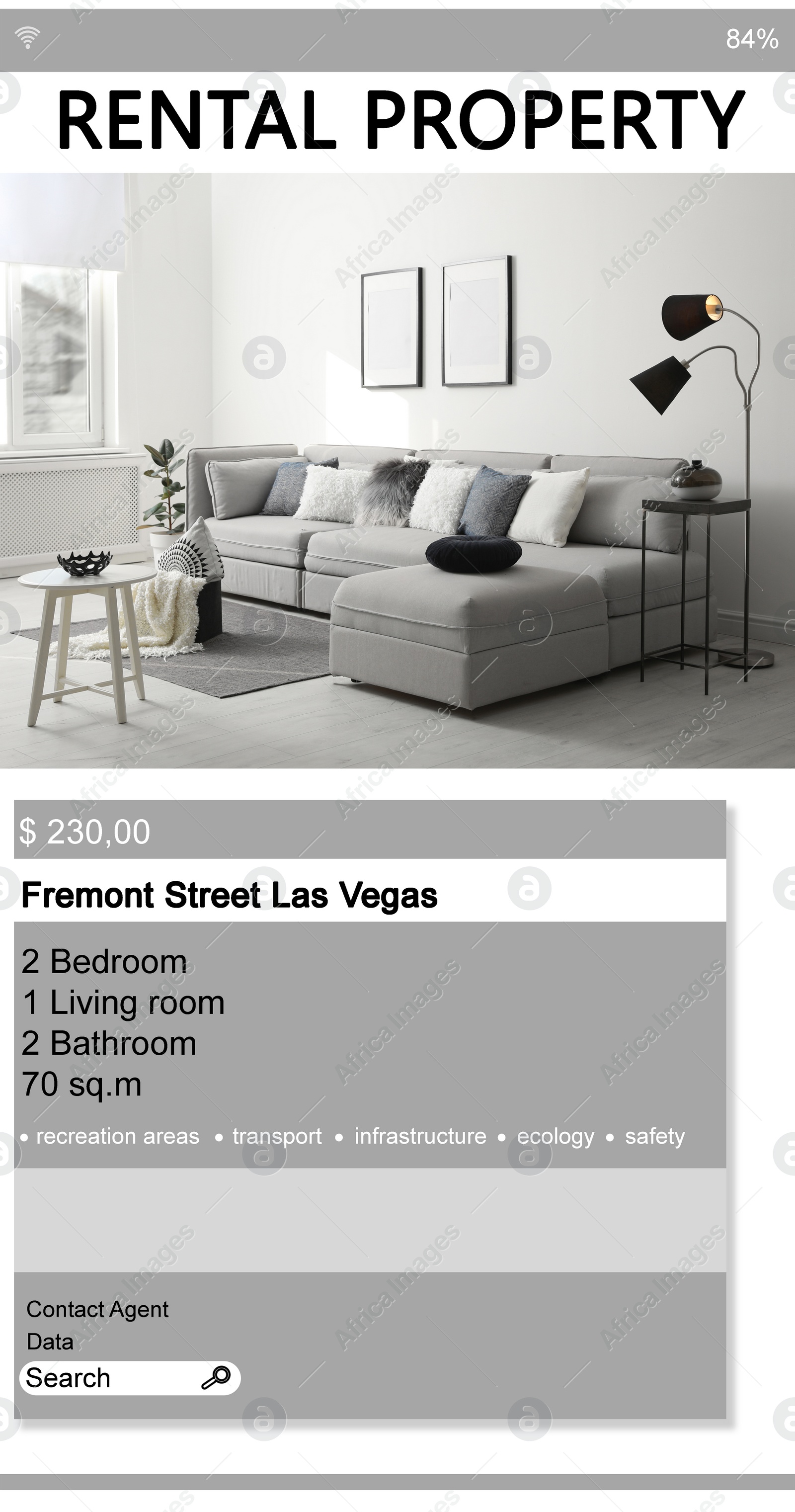 Image of Property search agency application. Rental information: photo of living room and details