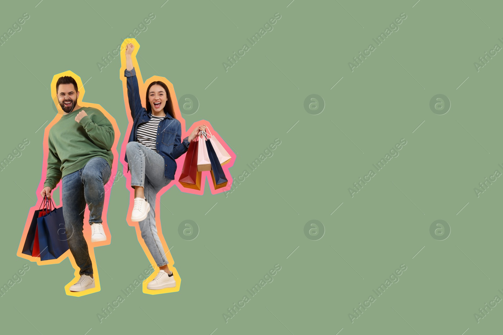 Image of Happy couple with shopping bags on green background, space for text