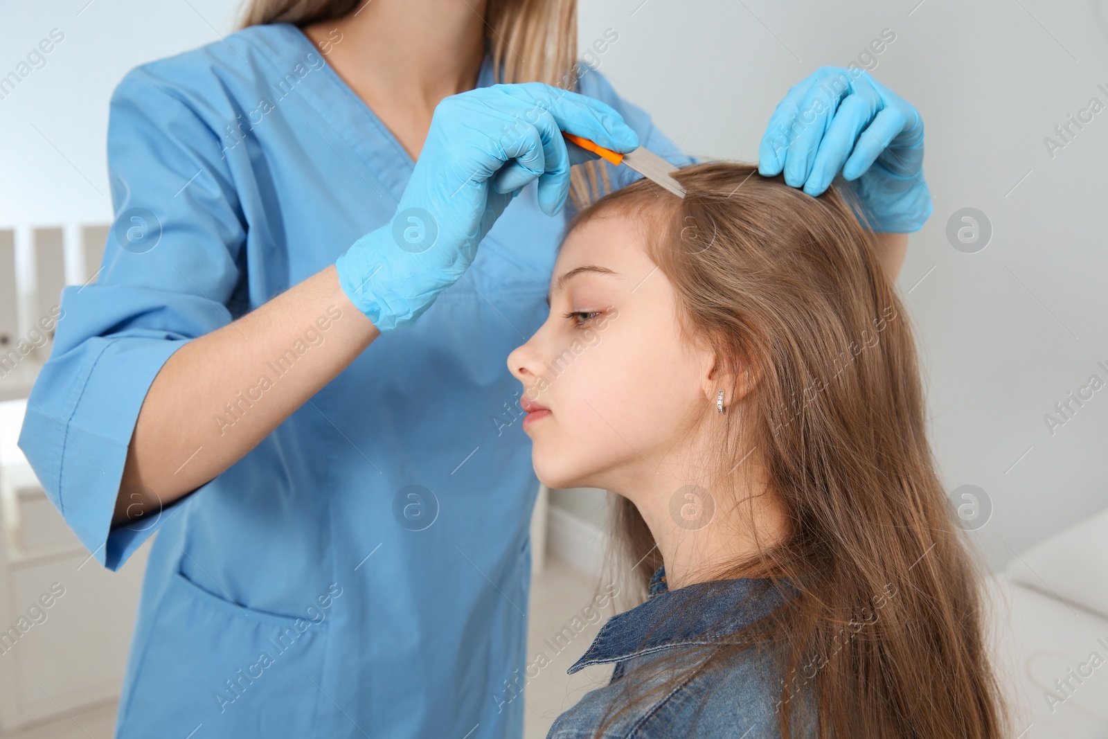 Photo of Doctor using nit comb on girl's hair in clinic. Anti lice treatment