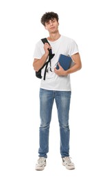 Photo of Handsome young man with backpack and books on white background
