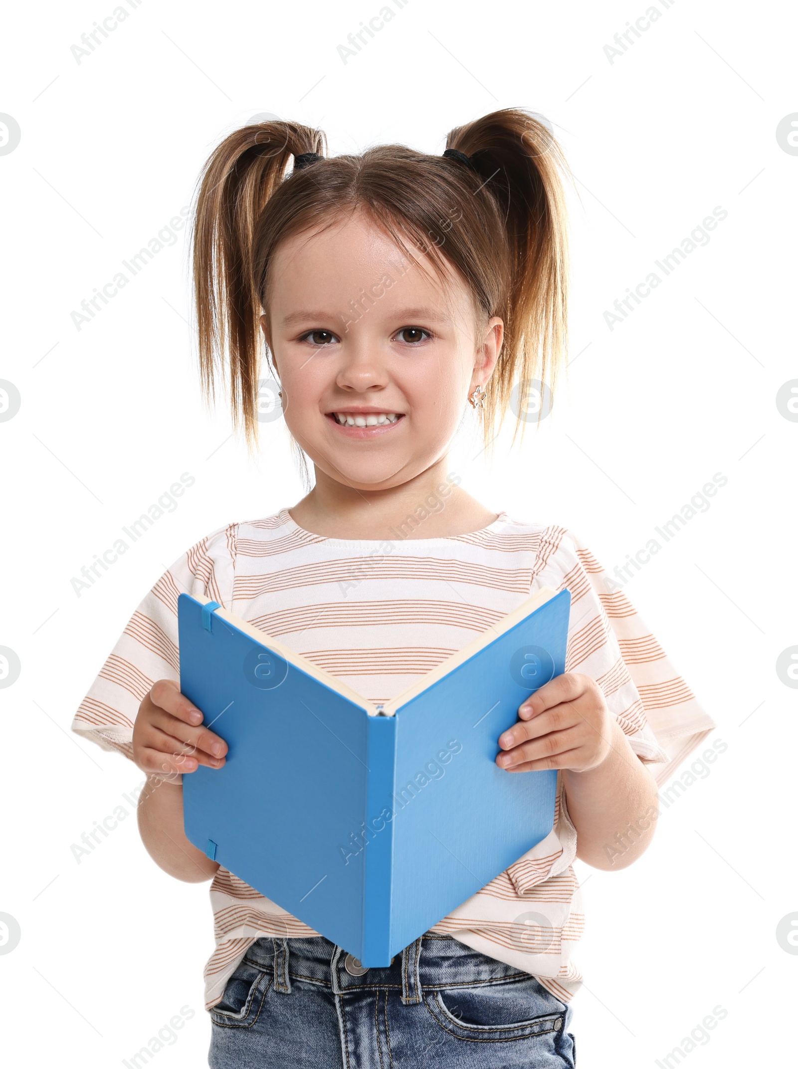 Photo of Cute little girl with book on white background