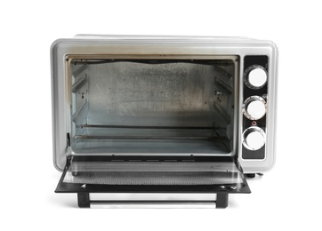 Photo of Open dirty modern electric oven on white background