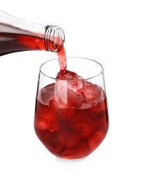 Photo of Pouring grape soda water into glass on white background, closeup. Refreshing drink