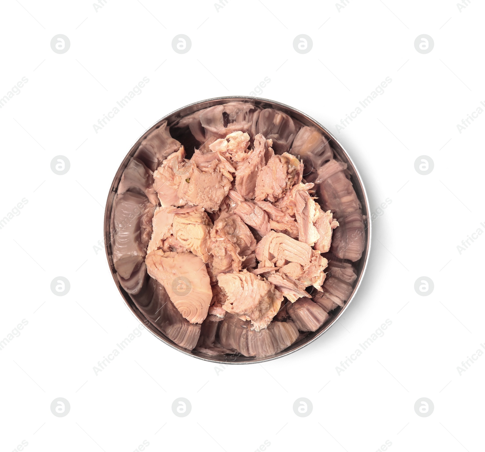 Photo of Metal bowl with canned tuna on white background, top view