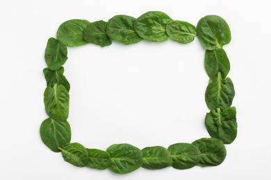 Frame made of spinach leaves on white background, top view. Space for text