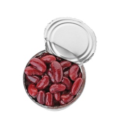 Tin can with conserved beans on white background, top view