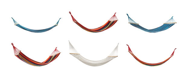 Image of Set with different hammocks on white background. Banner design