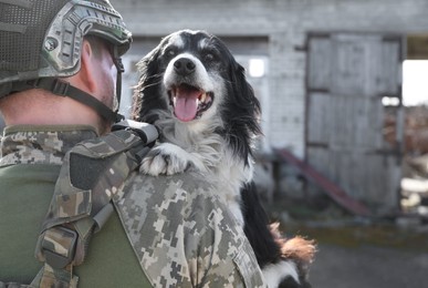 Ukrainian soldier rescuing stray dog outdoors, back view. Space for text