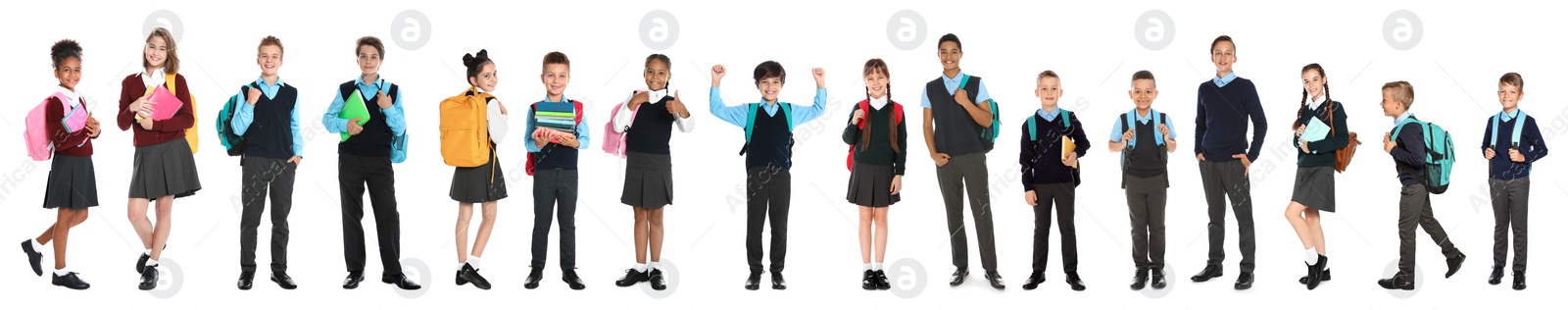 Image of Children in school uniforms on white background. Banner design