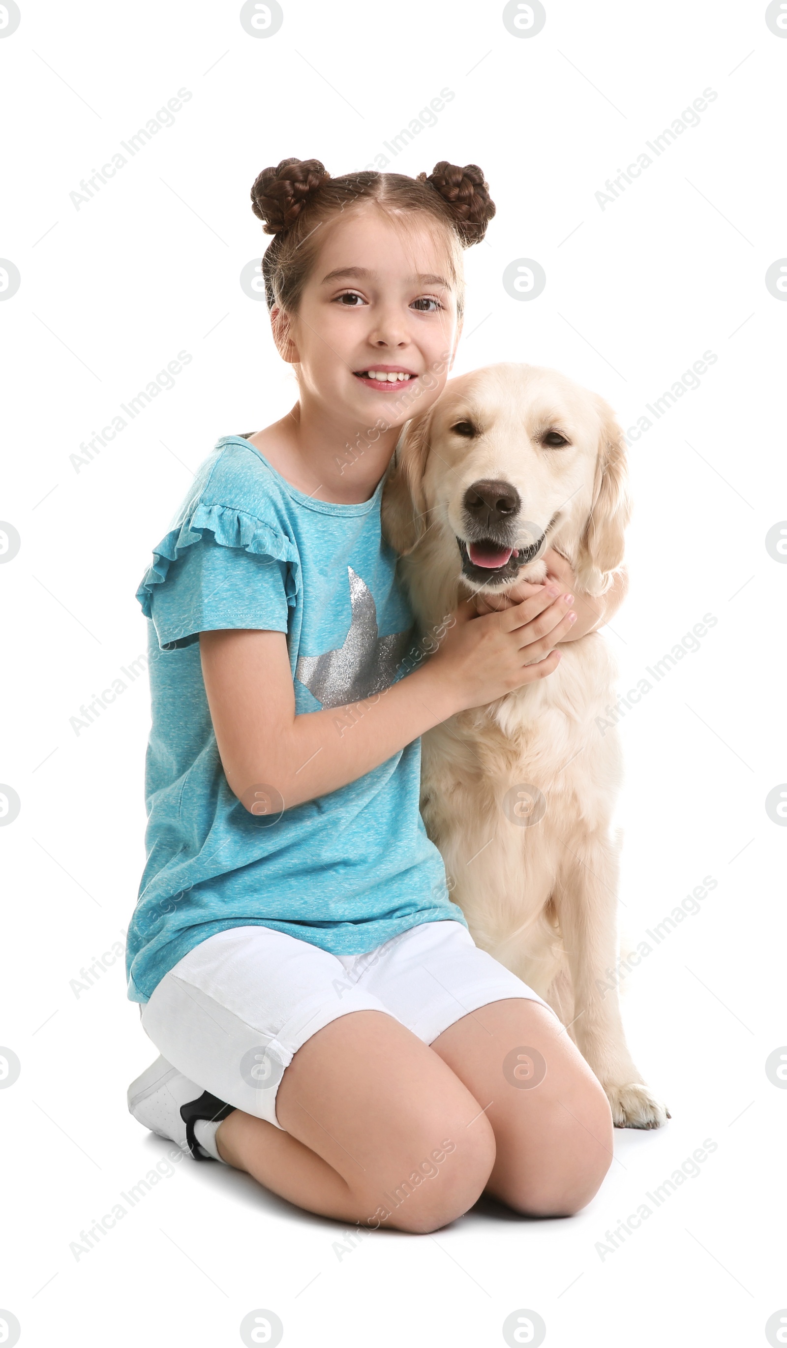 Photo of Cute little child with her pet on white background