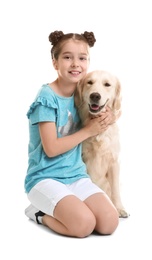 Photo of Cute little child with her pet on white background