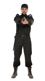 Photo of Male security guard in uniform with gun on white background