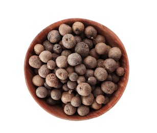 Photo of Bowl with allspice on white background, top view. Different spices