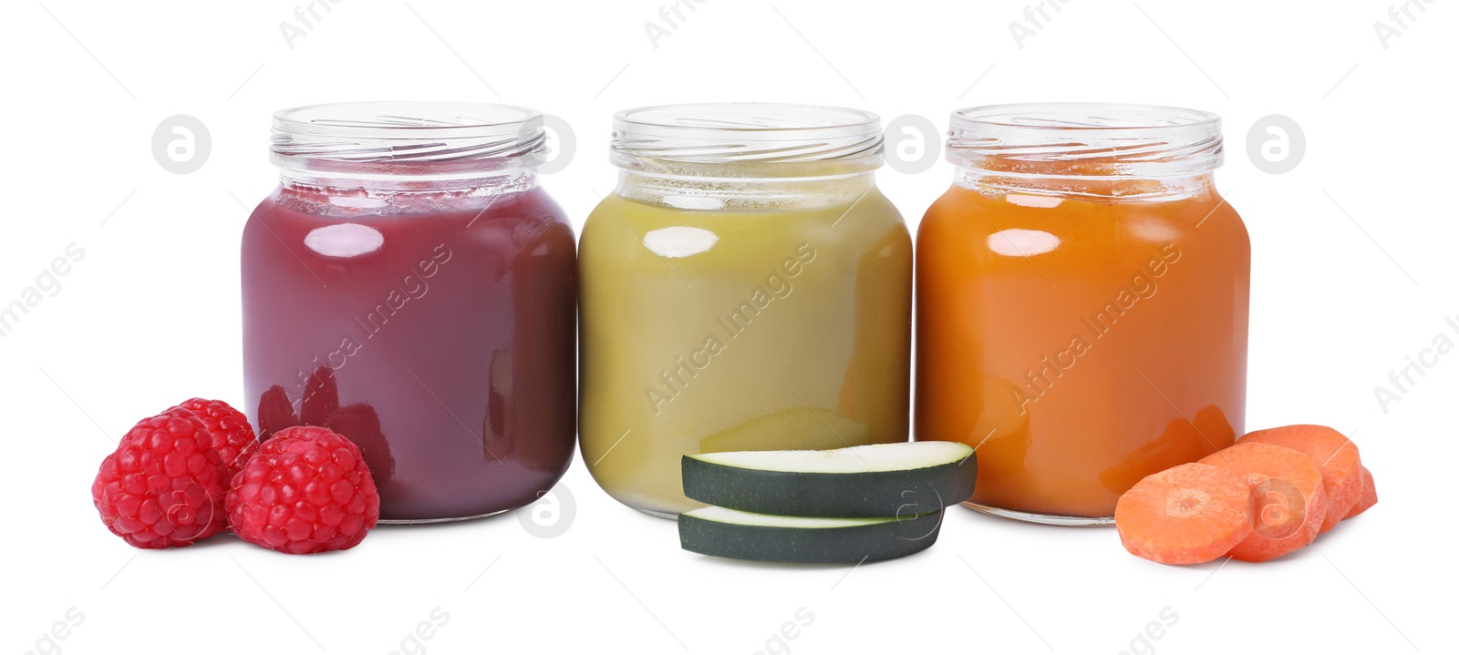 Photo of Jars of healthy baby food and ingredients isolated on white