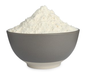 Photo of Ceramic bowl with flour isolated on white. Cooking utensil