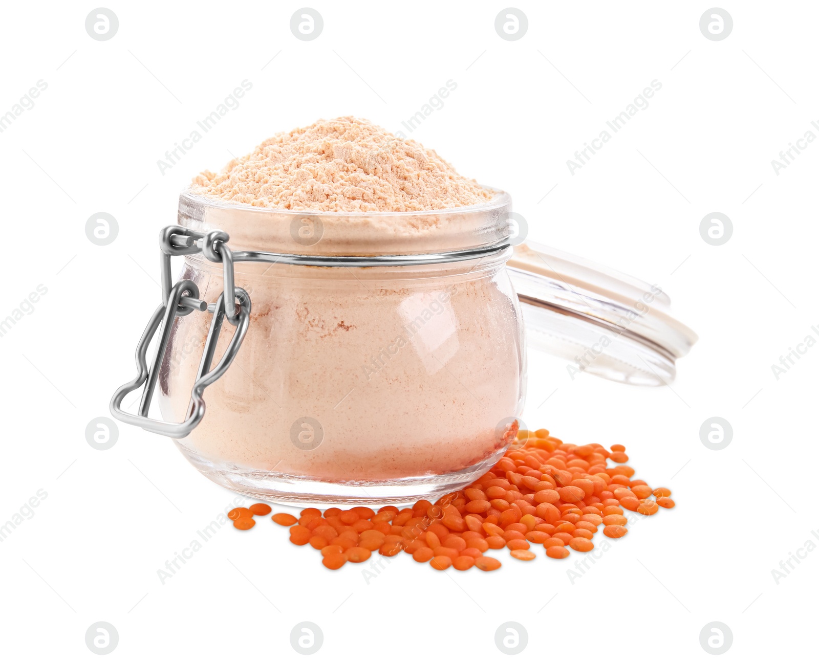 Photo of Glass jar of lentil flour and seeds isolated on white