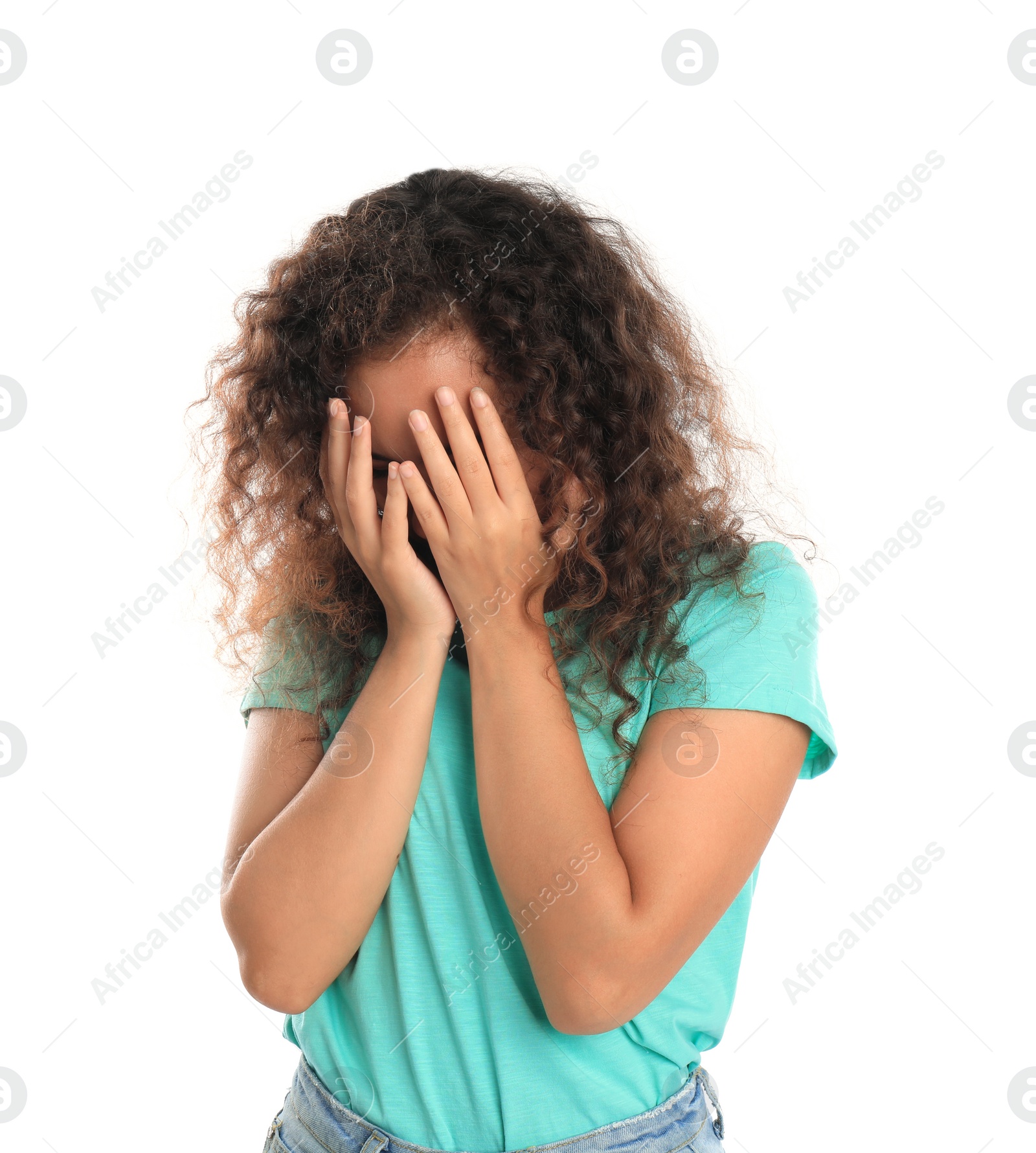 Photo of Young African-American woman being blinded on white background