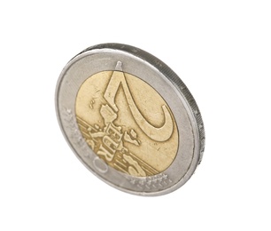 Shiny two euro coin on white background