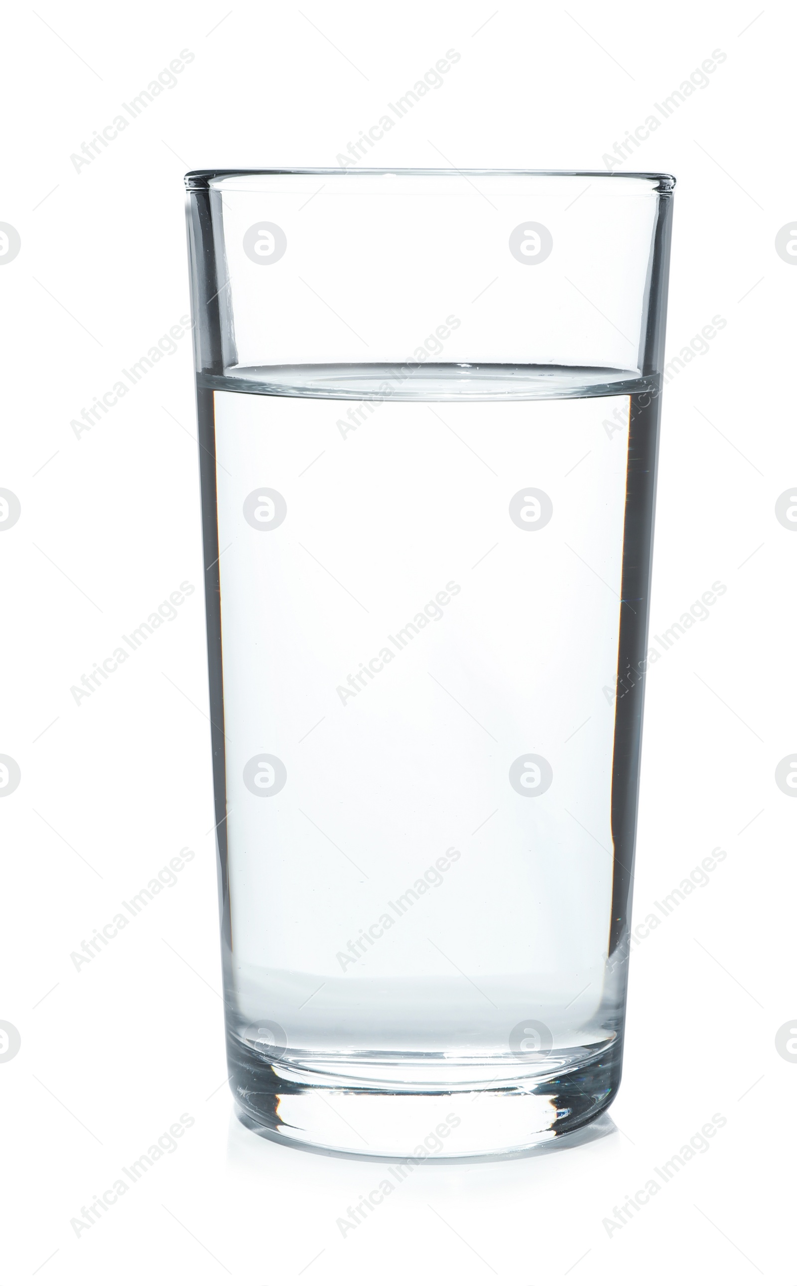 Photo of Glass of cold clear water on white background. Refreshing drink