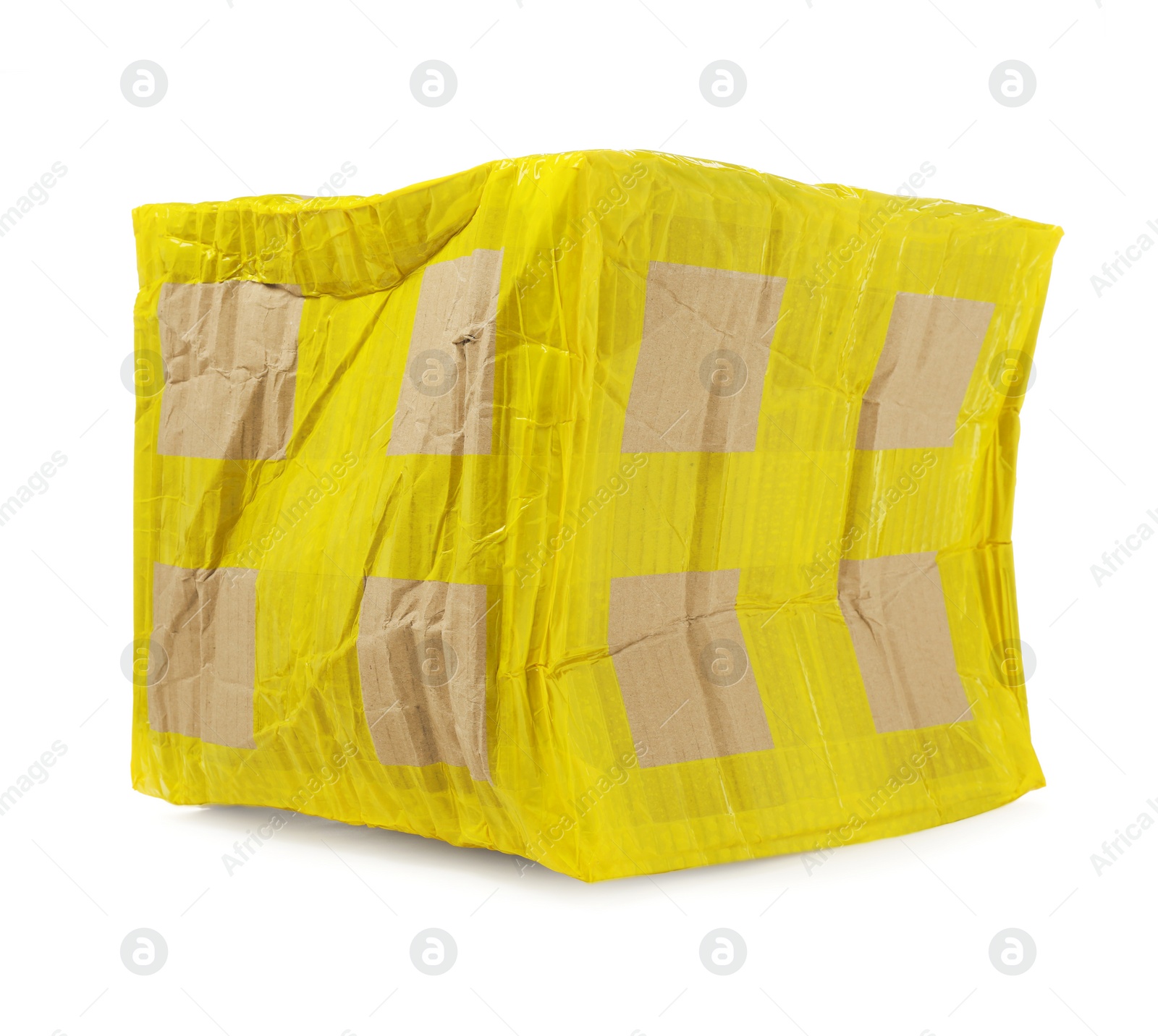 Photo of Crumpled cardboard parcel box with yellow sticky tape on white background