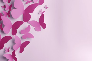 Image of Bright pink paper butterflies on white wall