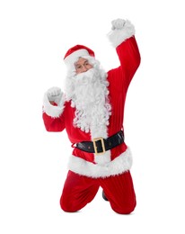 Man in Santa Claus costume posing on white background