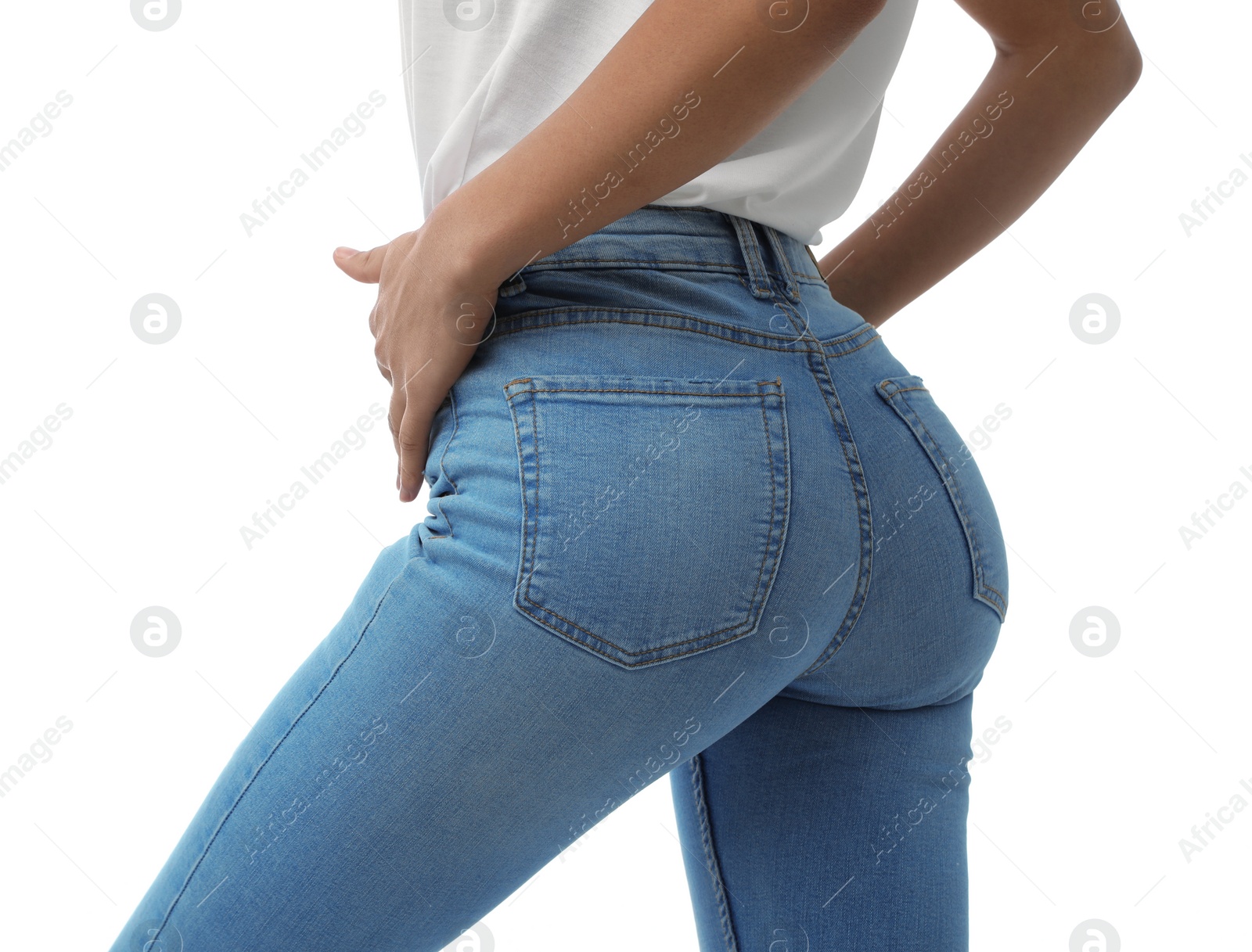 Photo of Woman wearing jeans on white background, closeup