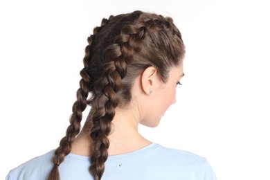 Photo of Woman with braided hair on white background