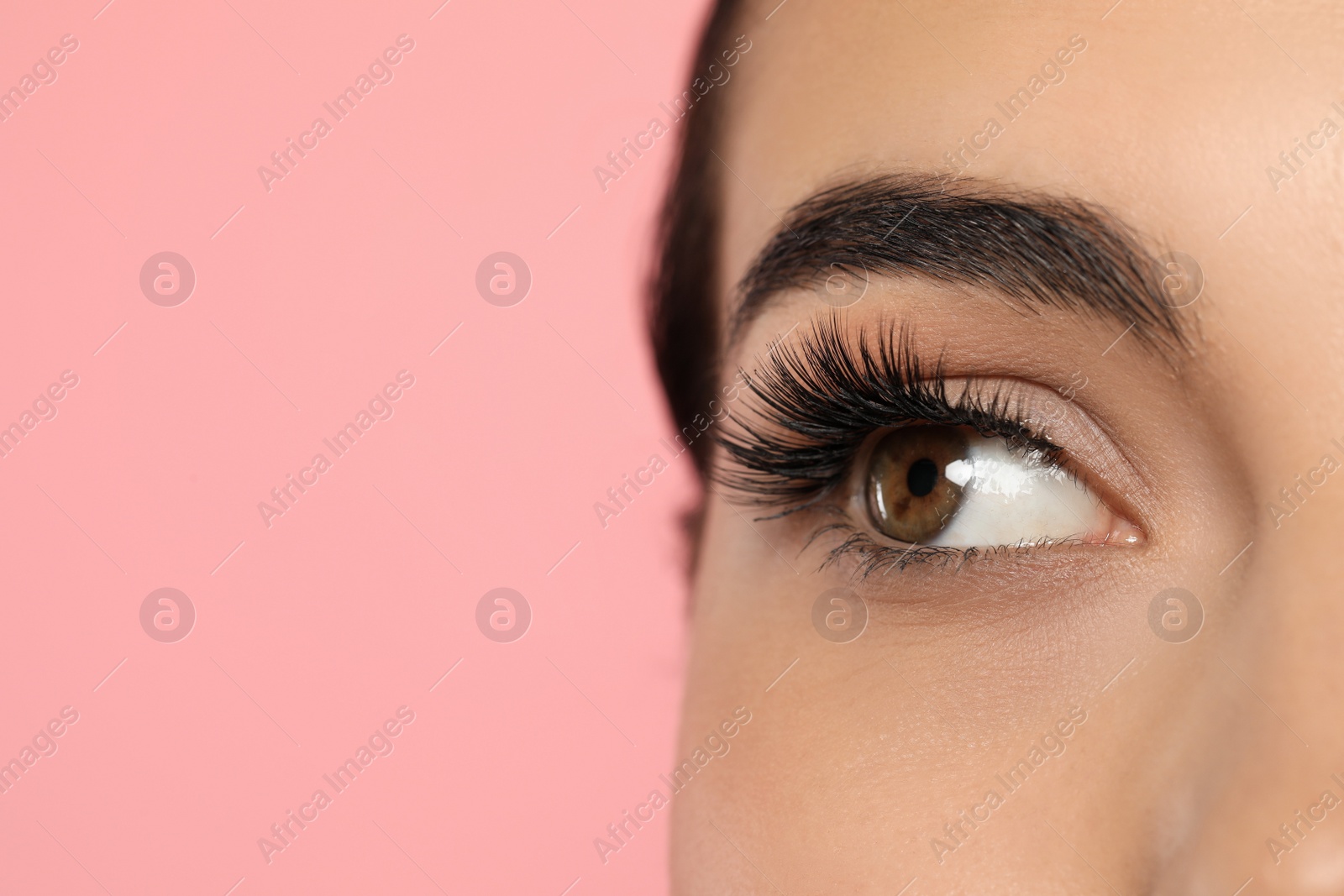 Photo of Beautiful young woman with long eyelashes on pink background, closeup. Space for text