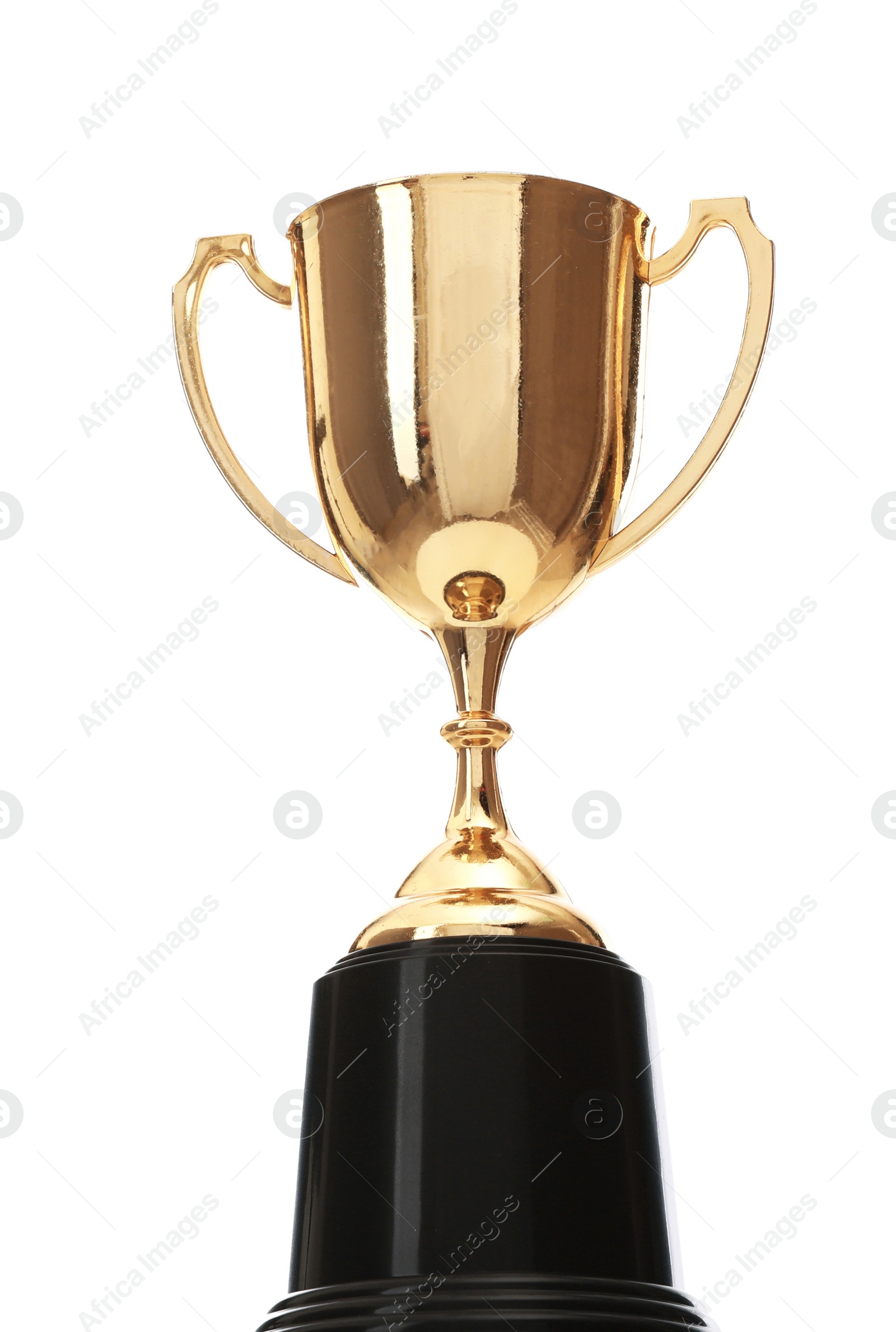 Photo of Shiny gold cup on white background. Winner's trophy