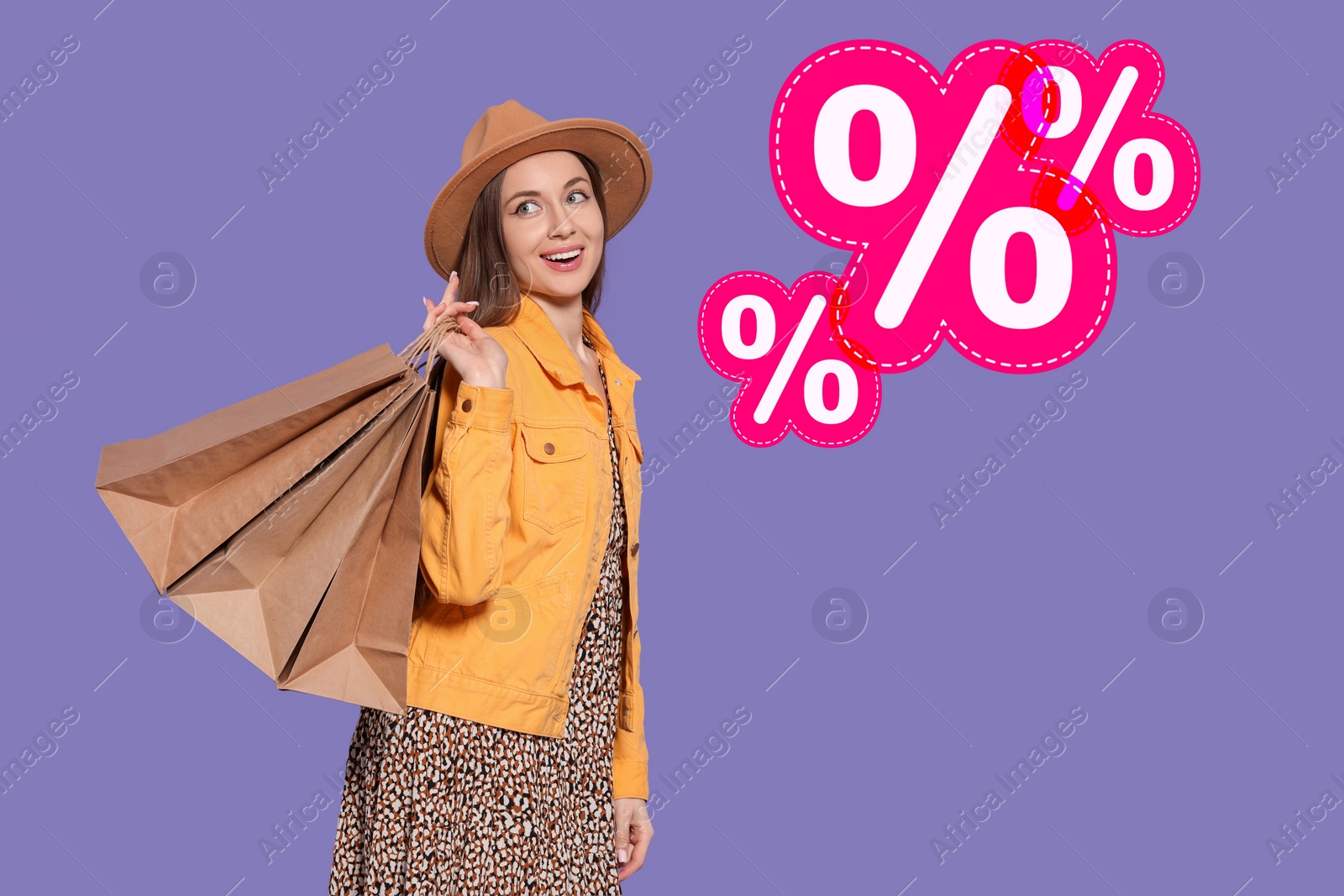 Image of Discount offer. Happy woman with paper shopping bags and illustrations of percent signs on purple background
