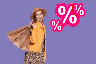 Image of Discount offer. Happy woman with paper shopping bags and illustrations of percent signs on purple background