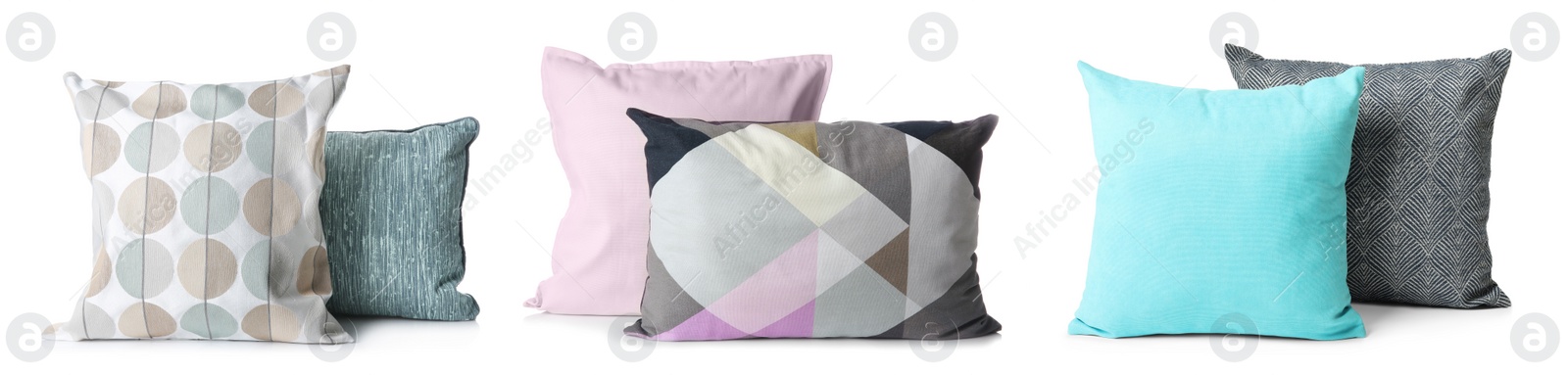 Image of Set with different stylish decorative pillows on white background. Banner design